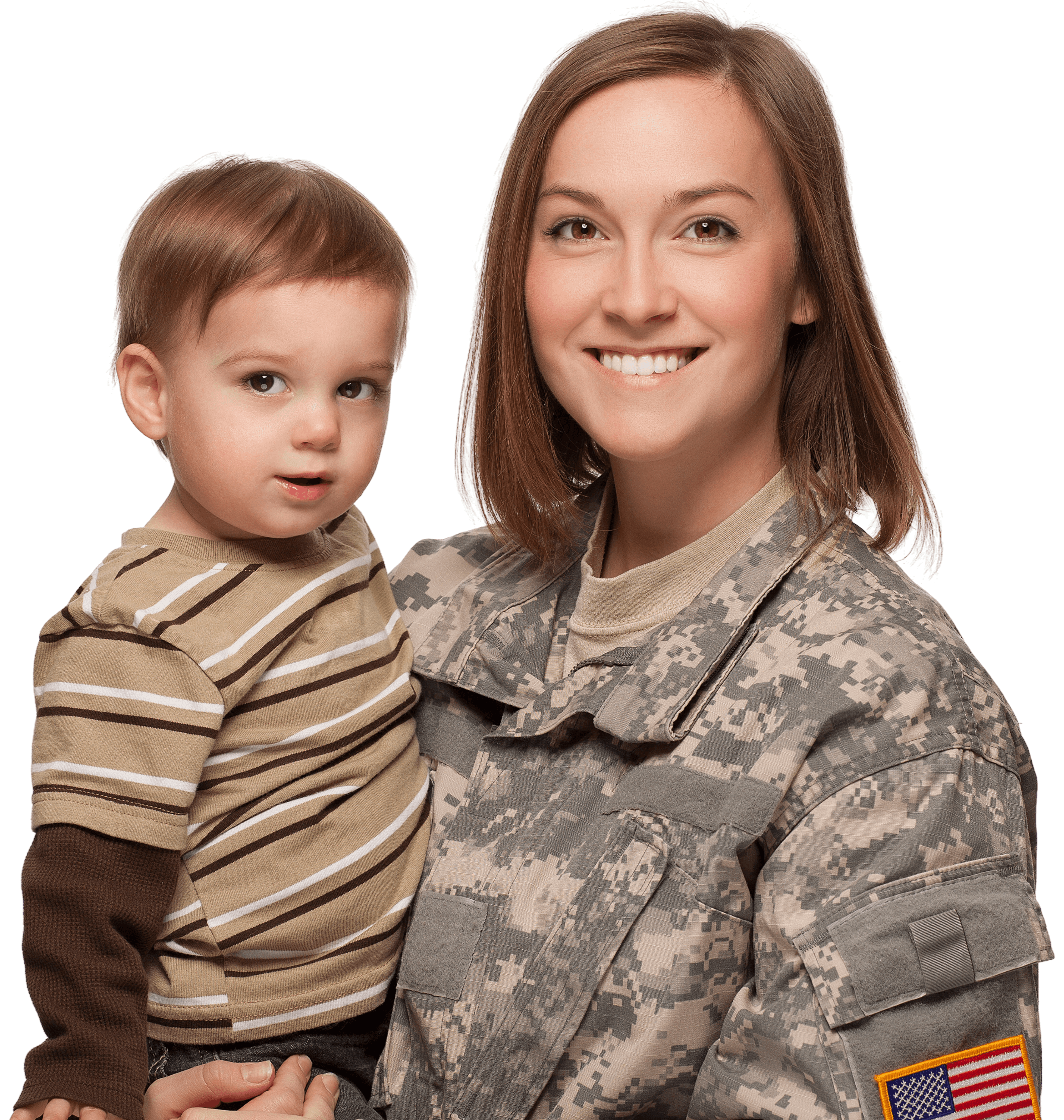 Military mom in uniform holding her young child